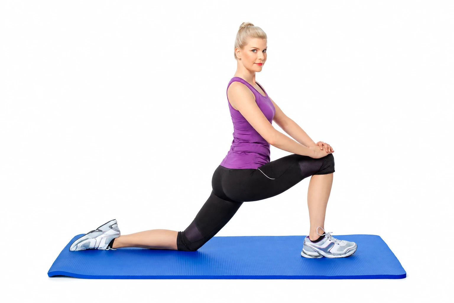 Lunge Hip Flexor: Half-kneeling base position with the rear knee supported on the mat.