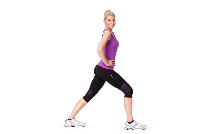 Standing Calf: Hands-on-hips variation shown. The book uses a wall or fence for support.