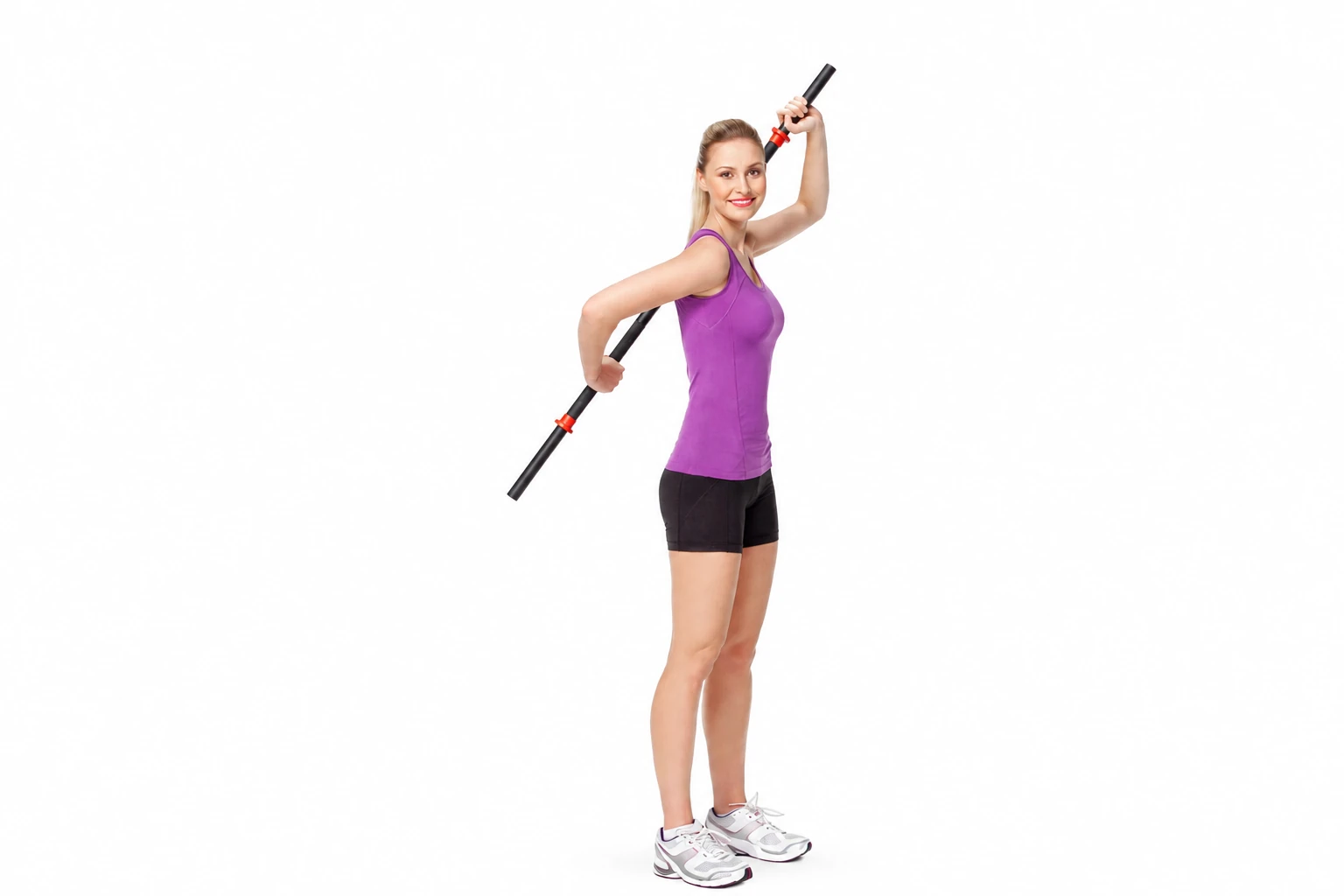 Bar Rotator Cuff: Bar held over one shoulder and behind the back. Reverse the hand arrangement for the other side.
