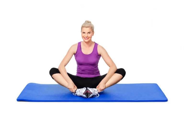 Butterfly: Hands-on-feet variation shown. The book places the hands on top of the knees.