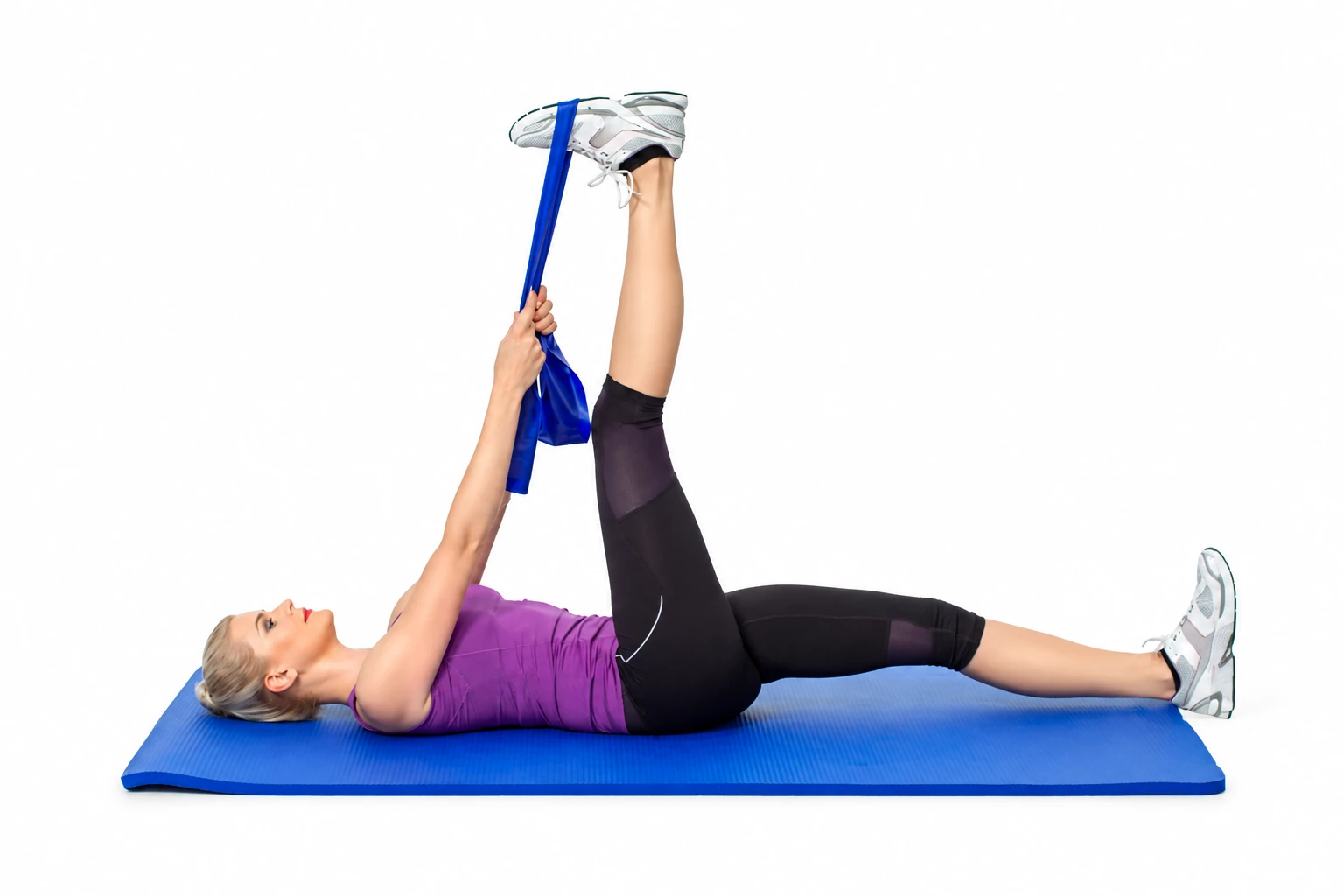 Supine Towel Hamstring: Towel around the raised forefoot with the knee extended and head supported.