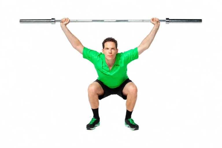 Overhead squat with a wide grip and extended elbows. Choose depth from controlled range and whole-foot support.