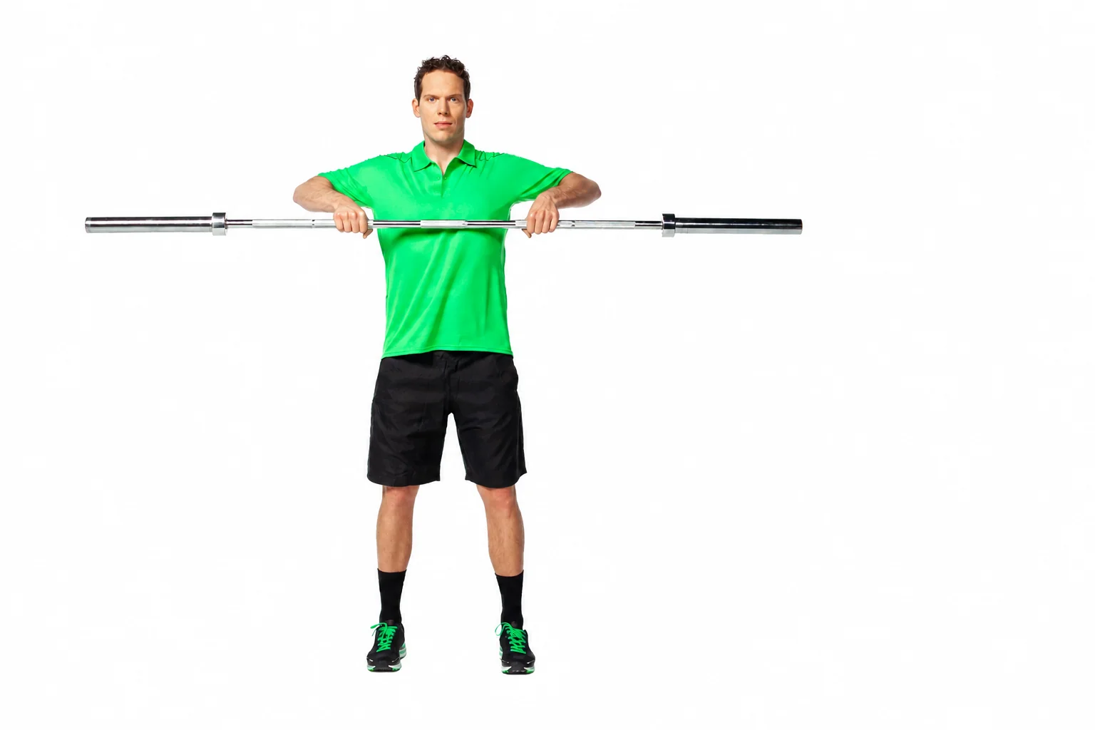 Upright row with the elbows raised and bar near the lower sternum