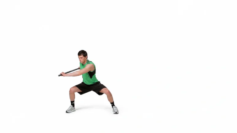 Bilateral Squat With Bar Rotations: exercise demonstration against a white background.
