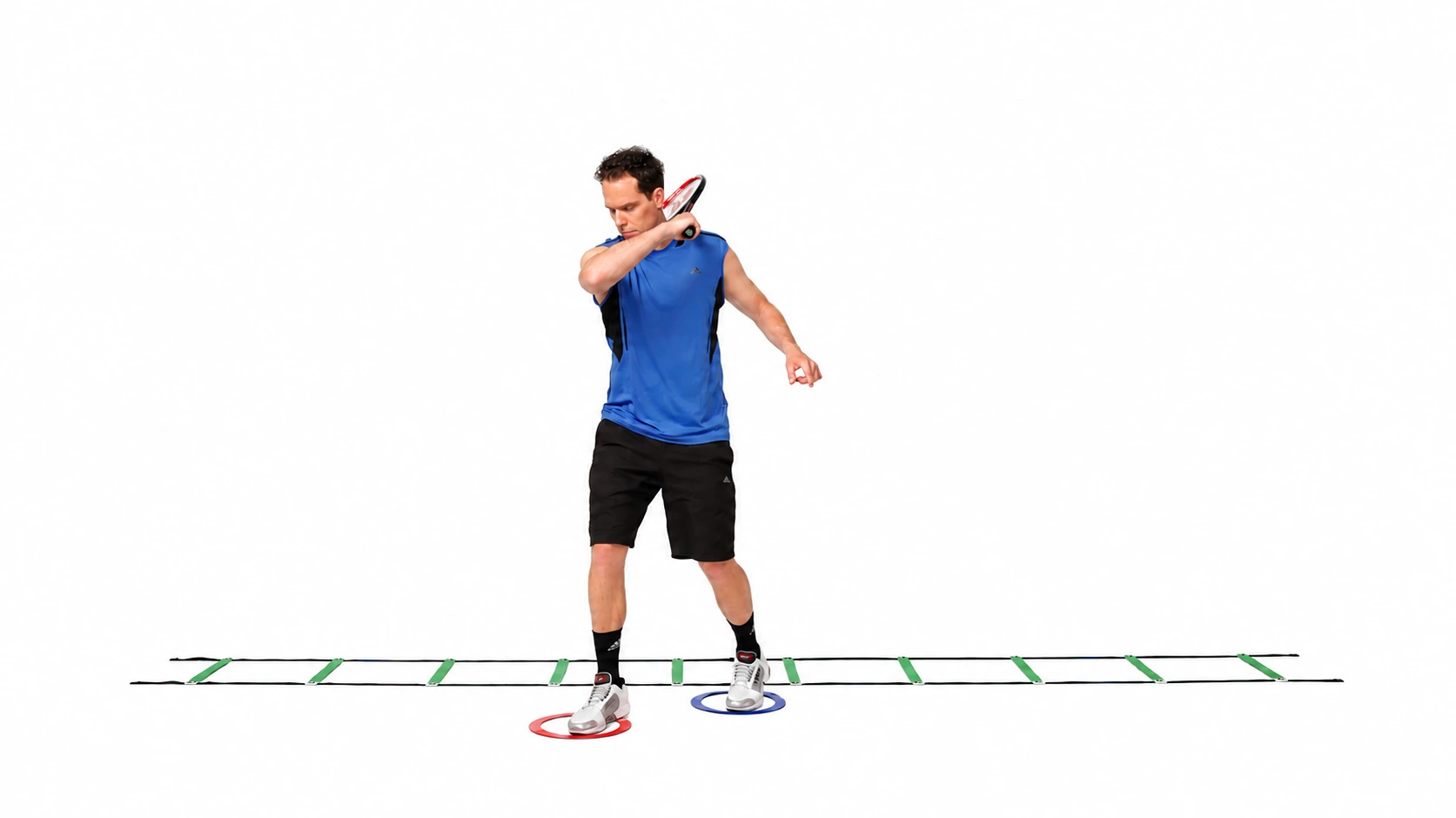 Simulated forehand finish with both feet in the two-ring exit area.