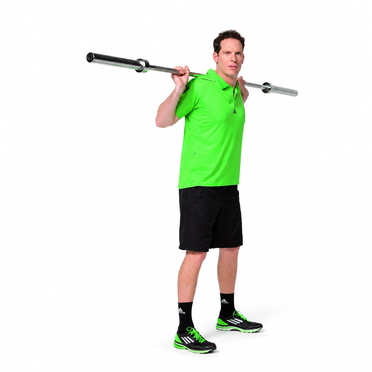 Upper-back bar support and standing reset. This support-position photograph is reused from the Back Squat; the video demonstrates the forward lunge.