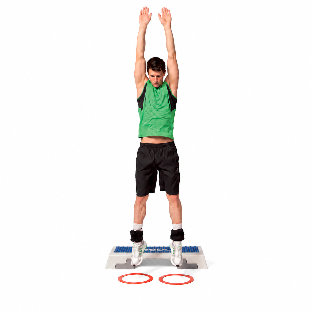 Full-extension jump with upward arm swing.