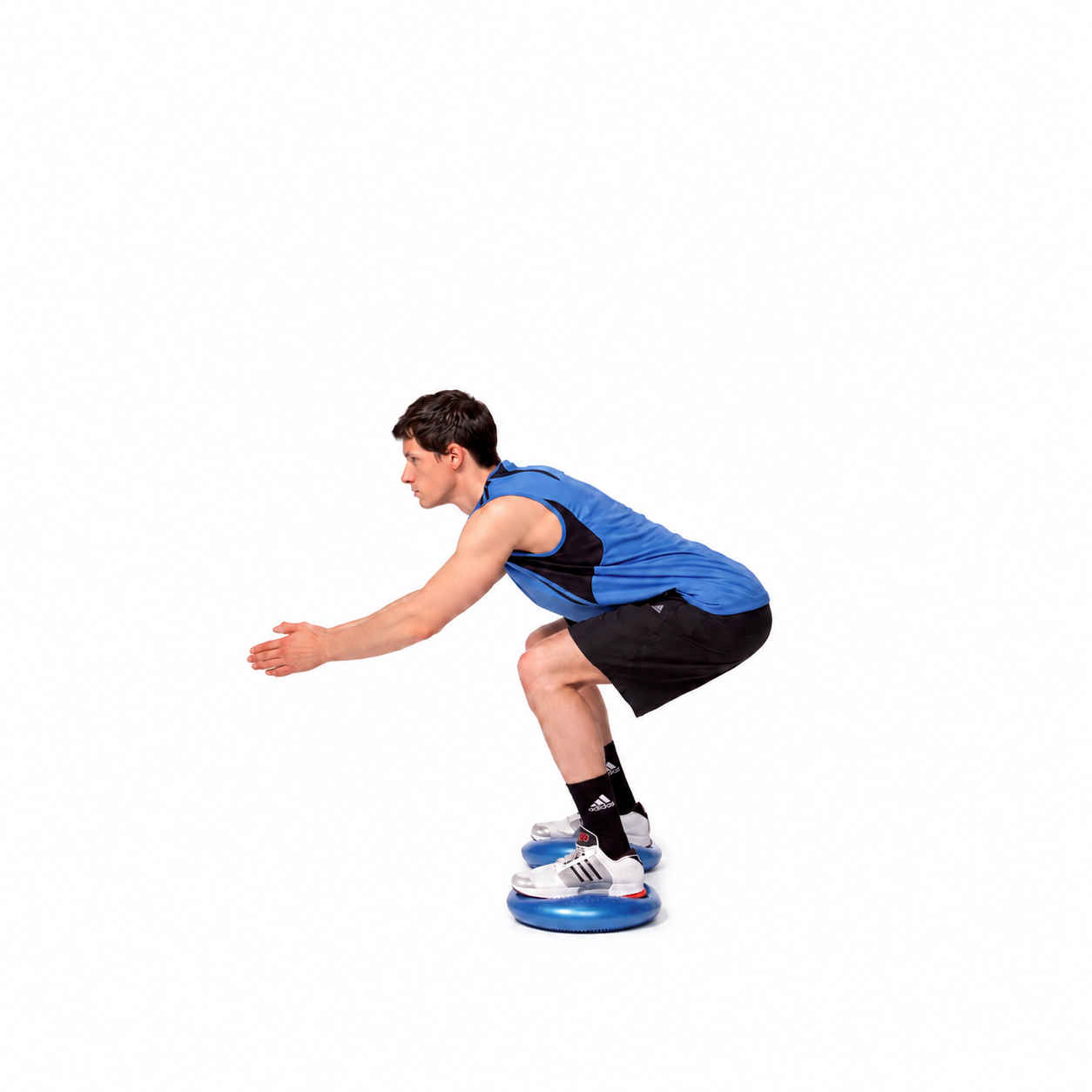 Stability-Pad Control: Lower under control, retain both-foot support, then return to standing.