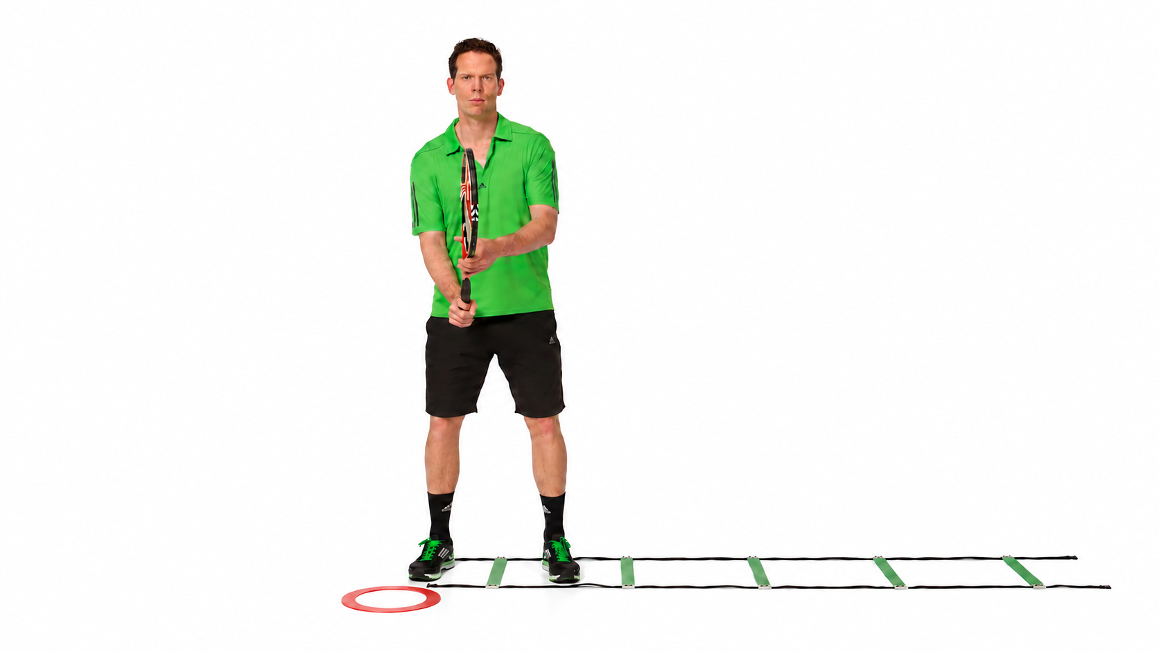 Posterior Cross-Over To Diagonal Lunge: Racquet ready position beside the ladder.