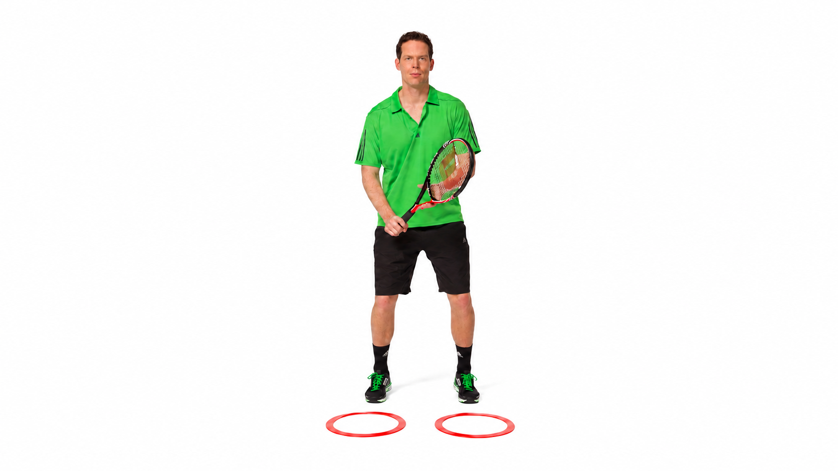 Two Shots & Ladder + Volley: Ready position with the racquet held in front of the body.
