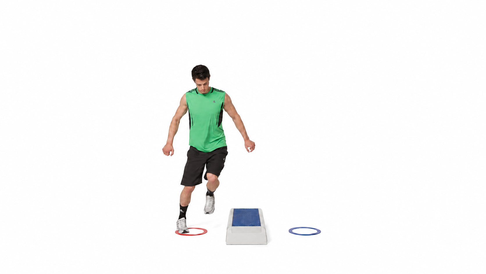Low-Level Lateral Box Jump Rebounds: Same right foot lands in the opposite ring before the return pass.