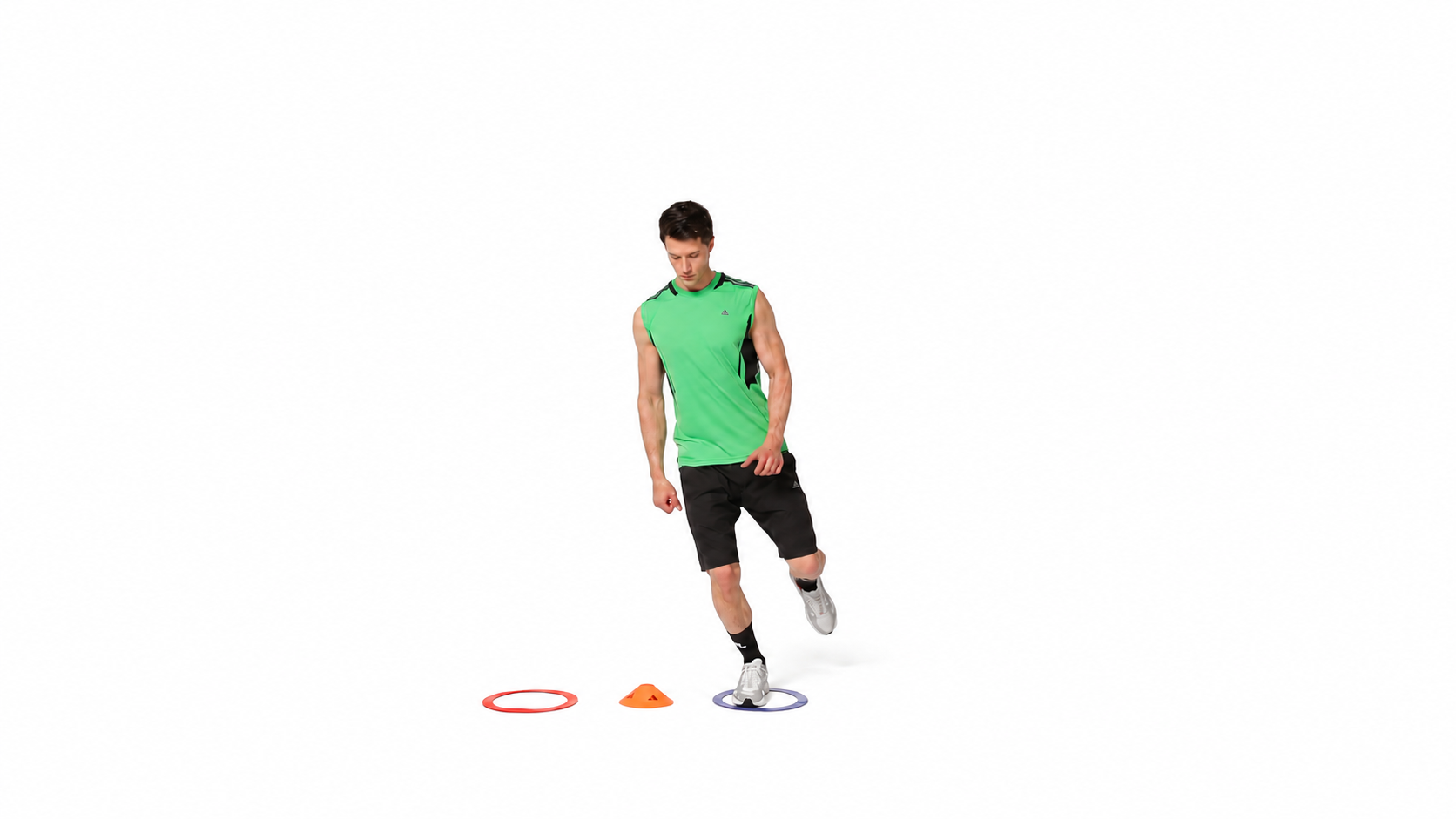 Unloaded Single-Leg Lateral Tuck Jumps: One-side demonstration: right-foot support before crossing the cone.