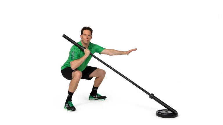 lateral squat with barbell rotation: exercise demonstration against a white background.