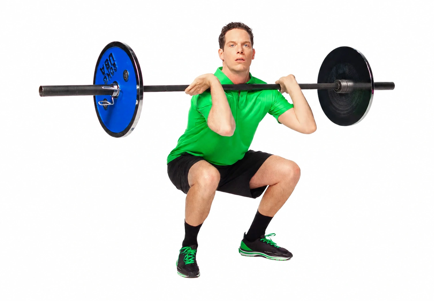 Front-rack receiving position with elbows forward and knees bent