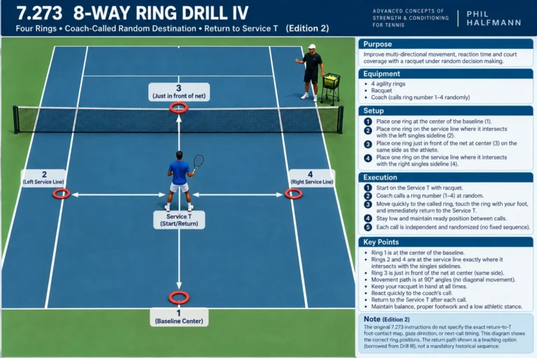 Diagram of 8-Way Ring Drill IV showing the athlete at the Service T and four agility rings at baseline center, the two service-line and singles-sideline intersections, and just in front of the net.